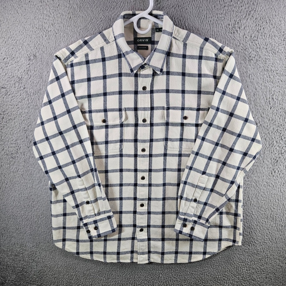Orvis Flannel‎ Shirt Mens XL Classic Fit Cotton Windowpane Plaid Navy Cream